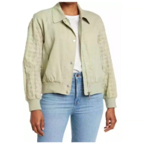 7 for All Mankind Embroidered Eyelet Sleeve Bomber Jacket Green Size XS - Picture 1 of 9